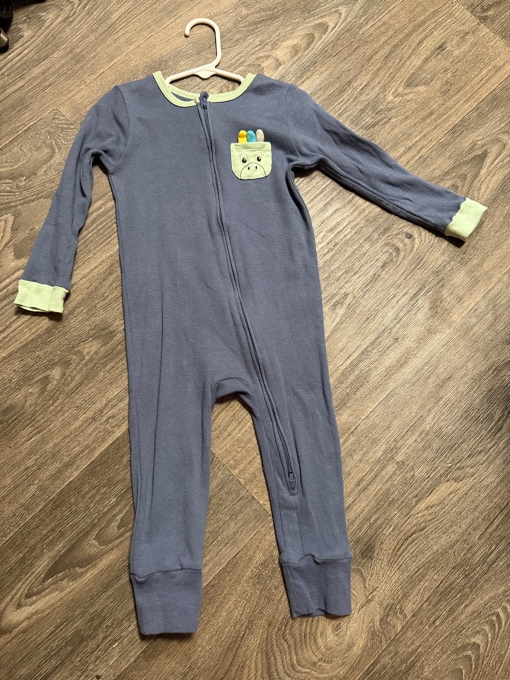 Blue Long-Sleeve Zip Footie with Lime Trim and Pocket Accent